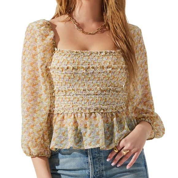 NWT ASTR THE LABEL Floral Smocked Peplum Top in Orange Purple Multi Sz. M - Picture 2 of 10